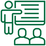 Line art icon of teacher pointing at screen with two students watching.